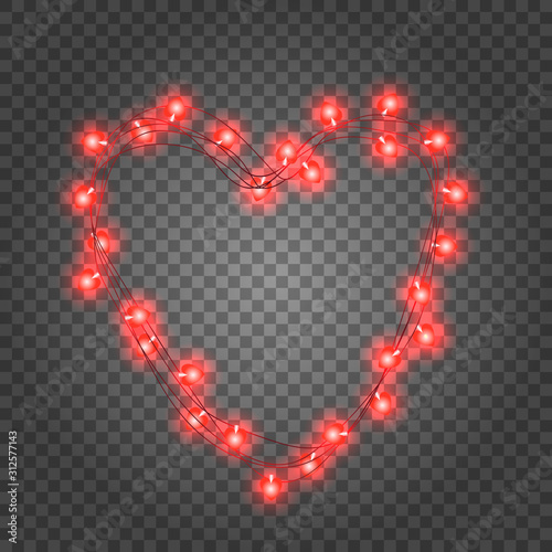 Valentine's Day red light bulbs garland. Holiday decoration of heart shape illuminated lights on transparent background. realistic LED romantic frame.