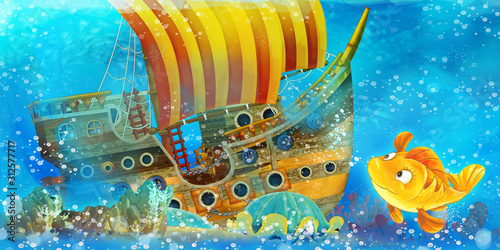 Billede på lærred Cartoon ocean scene and the mermaid princess in underwater kingdom swimming and