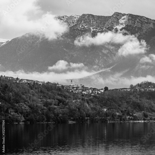 Black and white (B&W) View of the caldonazzo lake (near trento, italy) with a group of eurasian (or common). 