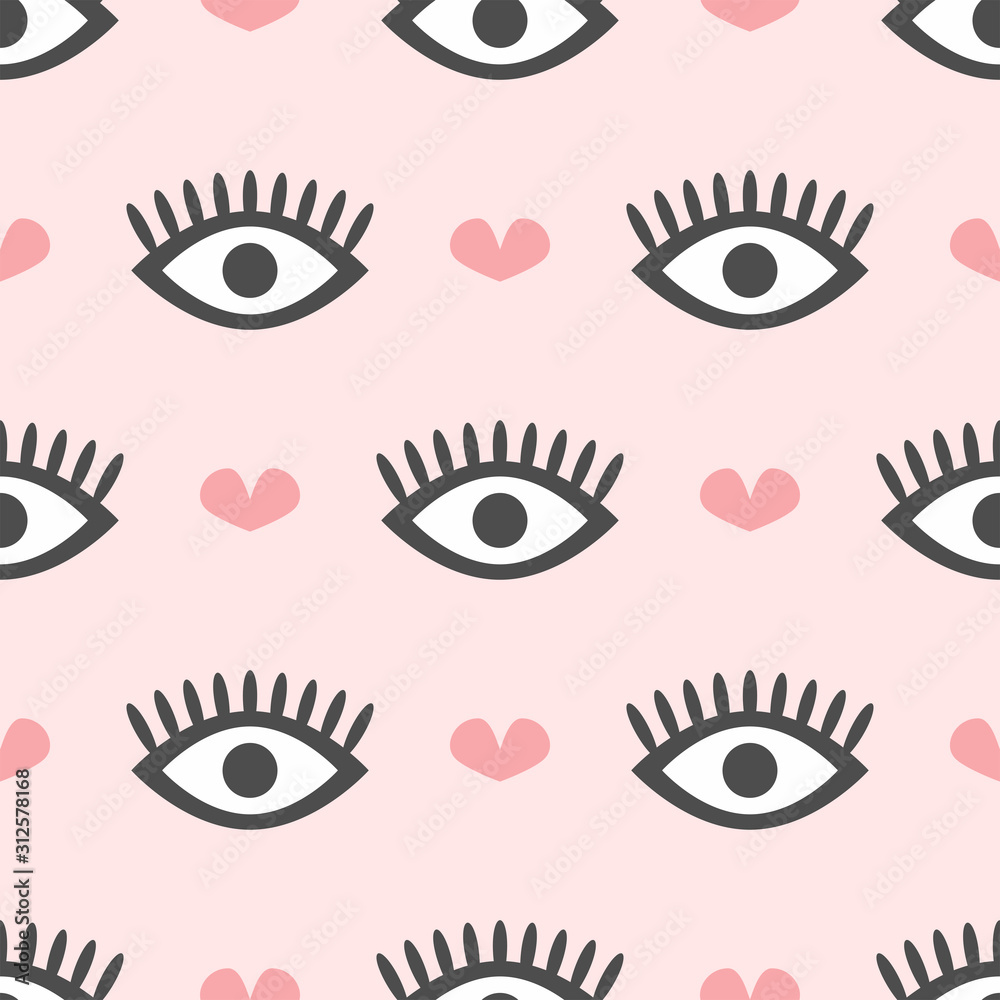 Cute seamless pattern with repeating eyes and hearts. Modern girly print. Simple vector illustration.