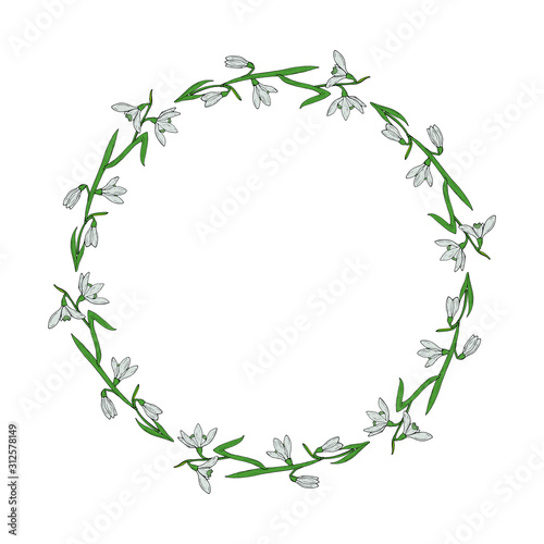 Round frame of beautiful colorful snowdrops. Wreath with isolated spring flowers on white background for your design.