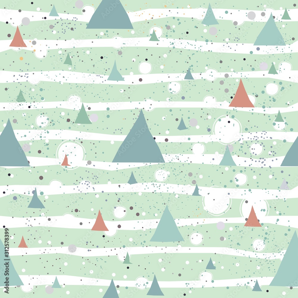 Cute Pattern with abstract triangles and hand drawn stripes.