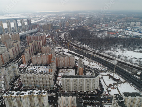 Aerial view. suburb of Pavshinskaya Poyma Krasnogorsk, Moscow region Russia. Mitino, Yuzhnoye Tushino, Pokrovskoye-Streshnevo is Moscow districts. Moscow Ring Road Moskva River. Poima photo