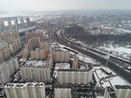 Aerial view. suburb of Pavshinskaya Poyma Krasnogorsk, Moscow region Russia. Mitino, Yuzhnoye Tushino, Pokrovskoye-Streshnevo is Moscow districts. Moscow Ring Road Moskva River. Poima photo
