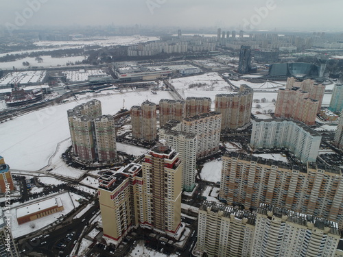 Aerial view. suburb of Pavshinskaya Poyma Krasnogorsk, Moscow region Russia. Mitino, Yuzhnoye Tushino, Pokrovskoye-Streshnevo is Moscow districts. Moscow Ring Road Moskva River. Poima photo