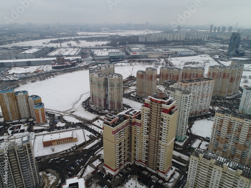 Aerial view. suburb of Pavshinskaya Poyma Krasnogorsk, Moscow region Russia. Mitino, Yuzhnoye Tushino, Pokrovskoye-Streshnevo is Moscow districts. Moscow Ring Road Moskva River. Poima photo