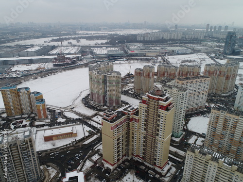 Aerial view. suburb of Pavshinskaya Poyma Krasnogorsk, Moscow region Russia. Mitino, Yuzhnoye Tushino, Pokrovskoye-Streshnevo is Moscow districts. Moscow Ring Road Moskva River. Poima photo