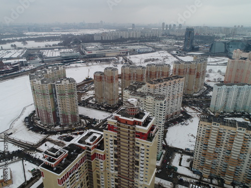 Aerial view. suburb of Pavshinskaya Poyma Krasnogorsk, Moscow region Russia. Mitino, Yuzhnoye Tushino, Pokrovskoye-Streshnevo is Moscow districts. Moscow Ring Road Moskva River. Poima photo
