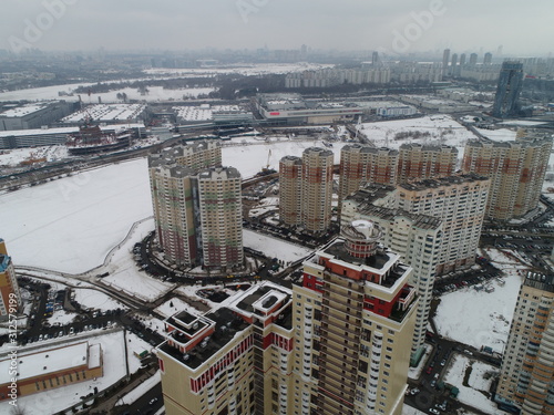Aerial view. suburb of Pavshinskaya Poyma Krasnogorsk, Moscow region Russia. Mitino, Yuzhnoye Tushino, Pokrovskoye-Streshnevo is Moscow districts. Moscow Ring Road Moskva River. Poima photo