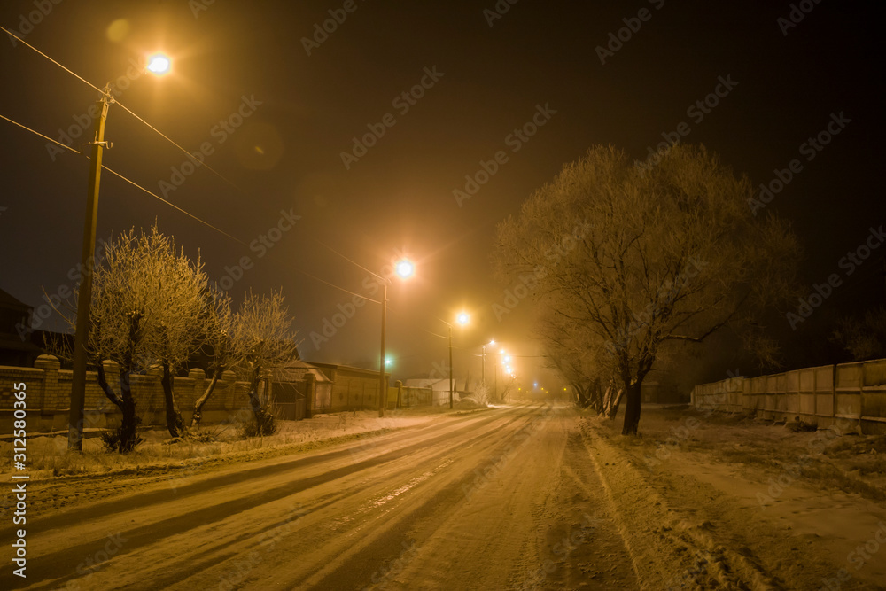 Winter in the village. Night shot of a road with lanterns