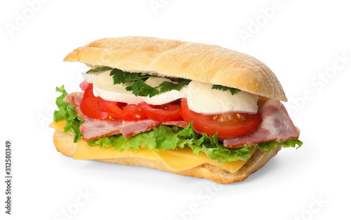 Delicious sandwich with fresh vegetables and mozzarella isolated on white