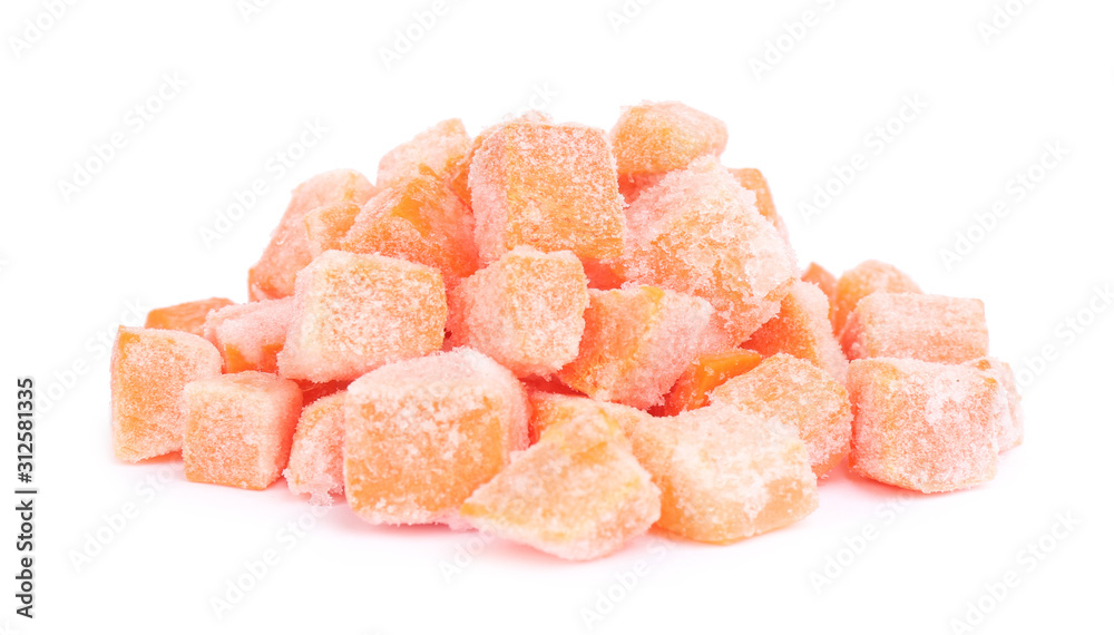 Pile of frozen carrots isolated on white. Vegetable preservation