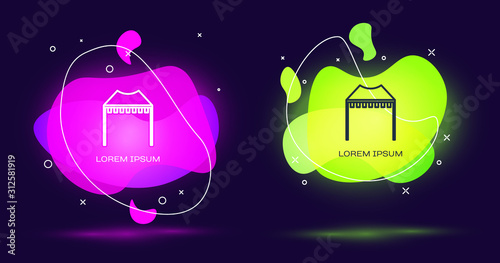 Line Camping tent icon isolated on black background. Carnival camping tent. Amusement park. Abstract banner with liquid shapes. Vector Illustration