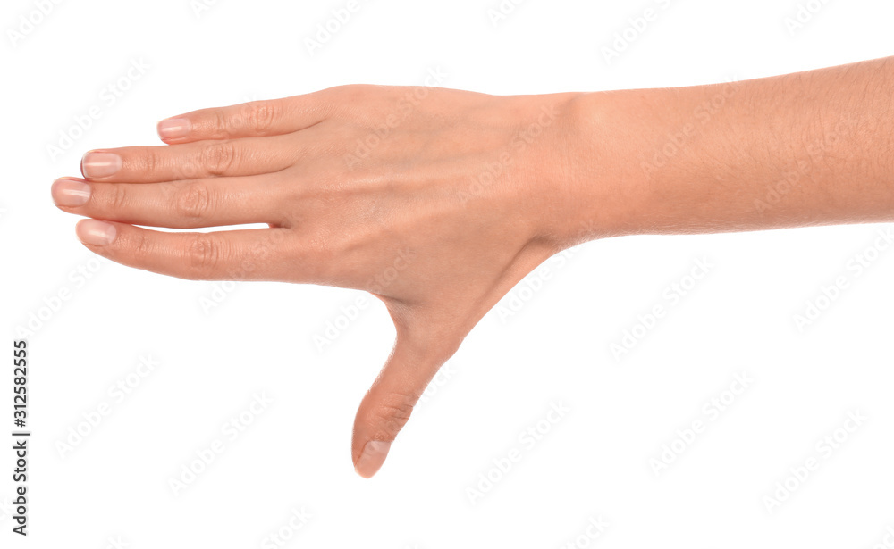 Woman making frame with hand on white background, closeup