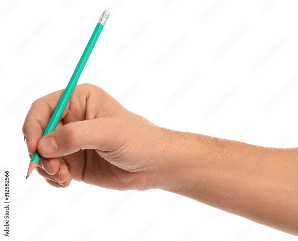 Man holding ordinary pencil on white background, closeup Man holding ordinary pencil on white background, closeup