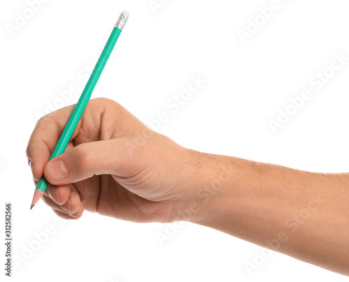 Man holding ordinary pencil on white background, closeup