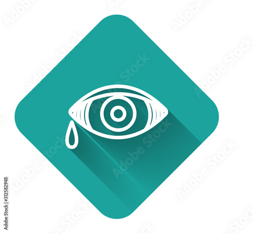 White line Reddish eye due to viral, bacterial or allergic conjunctivitis icon isolated with long shadow. Green square button. Vector Illustration