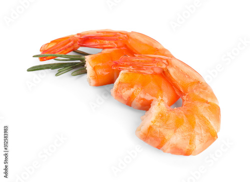 Delicious cooked shrimps and rosemary isolated on white