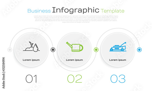 Set line Watering sprout, Watering can and Lawn mower. Business infographic template. Vector