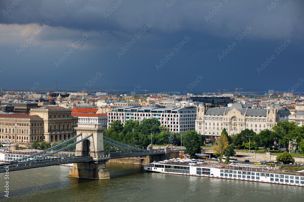 Danube river - panorama. Danube in Budapest Hungary. View of the Danube in Budapest. Embankment of Danube River Budapest