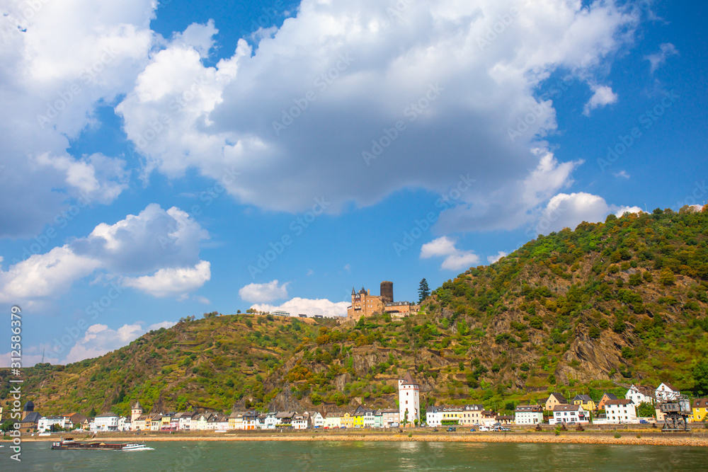 Fototapeta premium View of middle Rhine River in Germany at the Lorelei with villages in view.