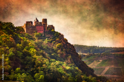 German Castle on hillside with vintage texture