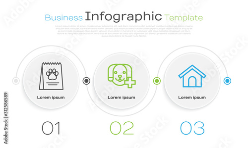 Set line Bag of food for dog, Veterinary clinic symbol and Dog house. Business infographic template. Vector
