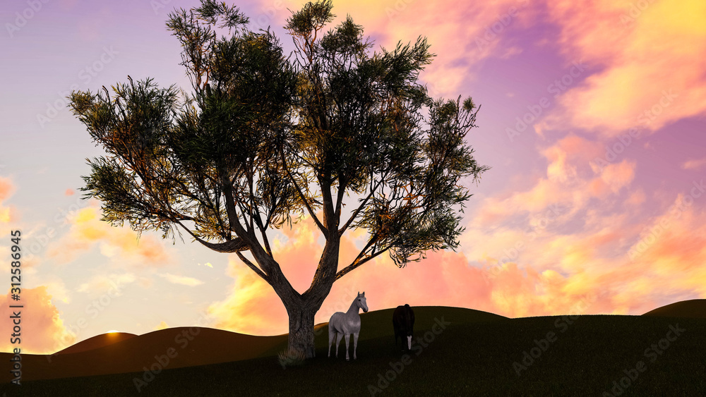 Horses at Sunset in Nature, 3D Rendering