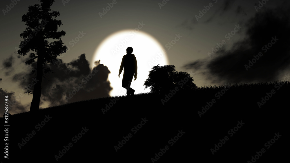 Man Walking At Sunset 3D Rendering