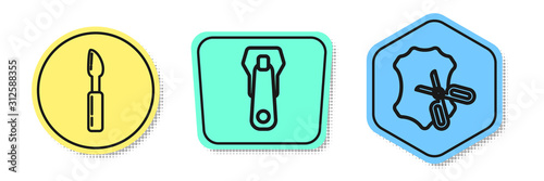 Set line Cutter tool, Zipper and Scissors and leather. Colored shapes. Vector