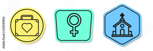 Set line Suitcase for travel with heart, Female gender symbol and Church building. Colored shapes. Vector