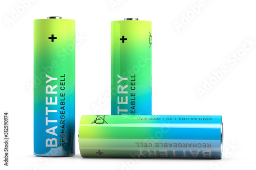 Three rechargeable finger-type batteries. Isolated on white.3d rendering. photo