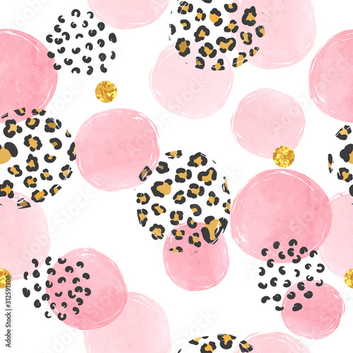 Seamless dotted pattern with pink circles and leopard print. Vector abstract background with watercolor shapes.