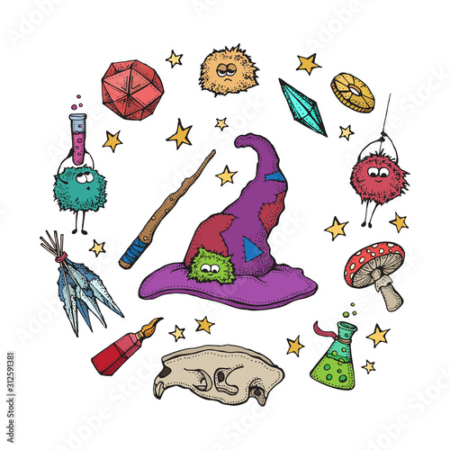 Set of Magician and alchemy tools: skull, crystal, roots, potion, feather, mushrooms, hat. Halloween collection of witchcraft tools. Hand drawn vector illustration. Isolated on white.