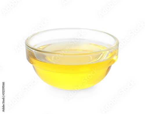 Cooking oil in glass bowl isolated on white