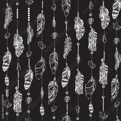 Seamless pattern with hanging feather and crystals gems. Vector illustration.