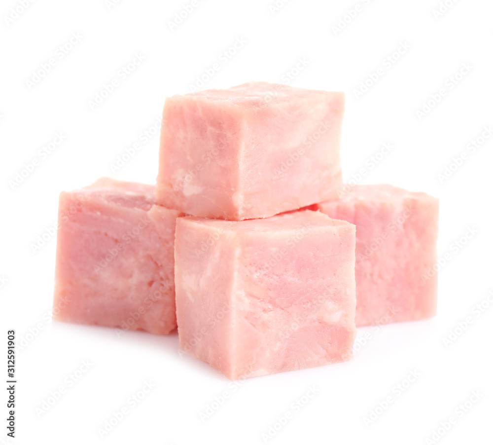 Cubes of tasty fresh ham isolated on white Cubes of tasty fresh ham isolated on white