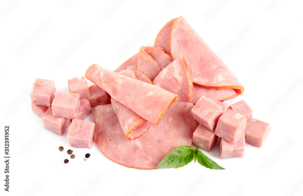 Tasty fresh ham with basil and pepper isolated on white, above view Tasty fresh ham with basil and pepper isolated on white, above view