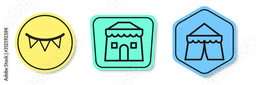 Set line Carnival garland with flags, Circus tent and Circus tent. Colored shapes. Vector