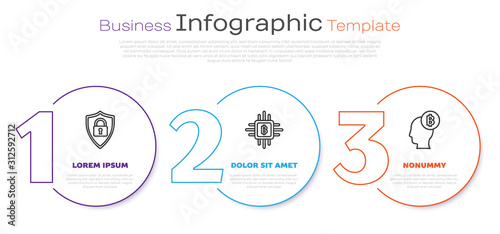 Set line Shield security with lock, CPU mining farm and Bitcoin think. Business infographic template. Vector