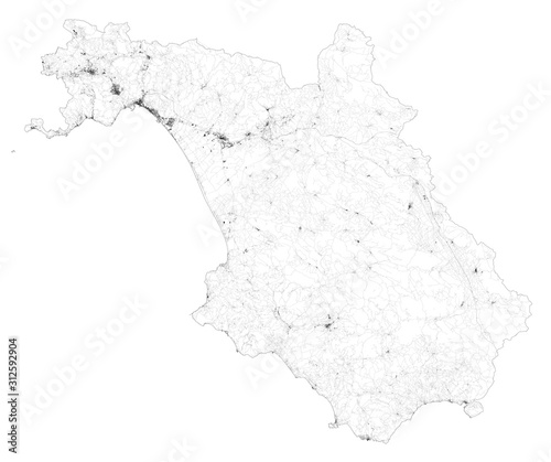 Satellite map of Province of Salerno towns and roads, buildings and connecting roads of surrounding areas. Campania region, Italy. Map roads, ring roads