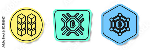 Set line Blockchain technology, CPU mining farm and Blockchain technology Bitcoin. Colored shapes. Vector
