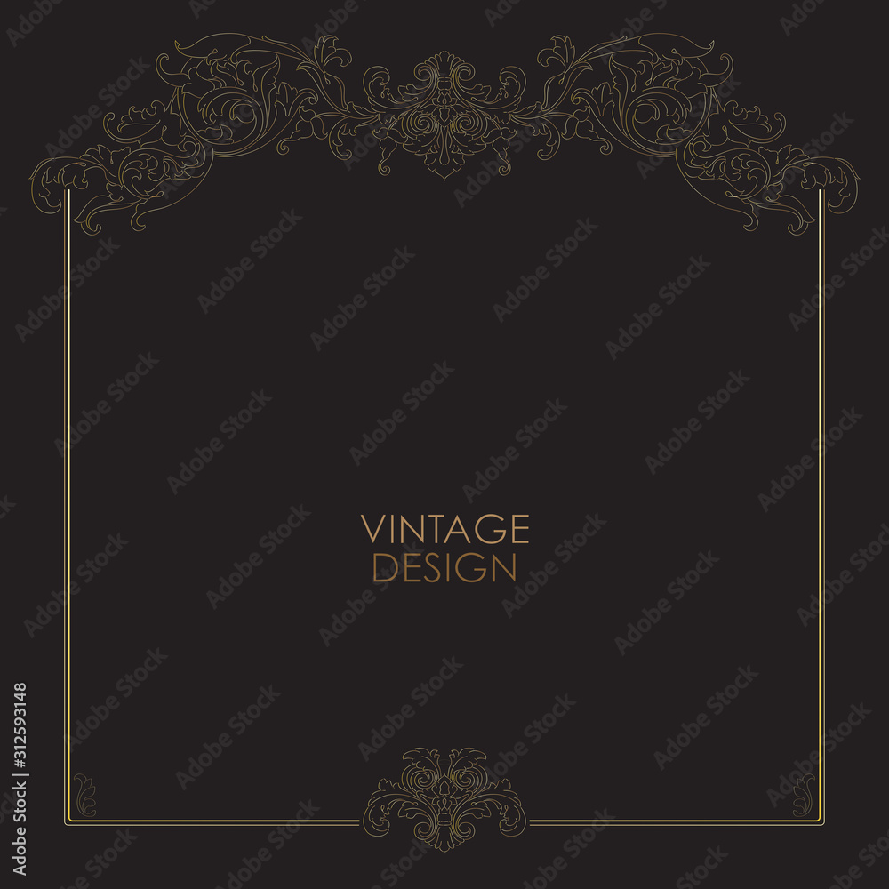 Vintage decorative golden frame with Linear floral antique swirl. Vector.