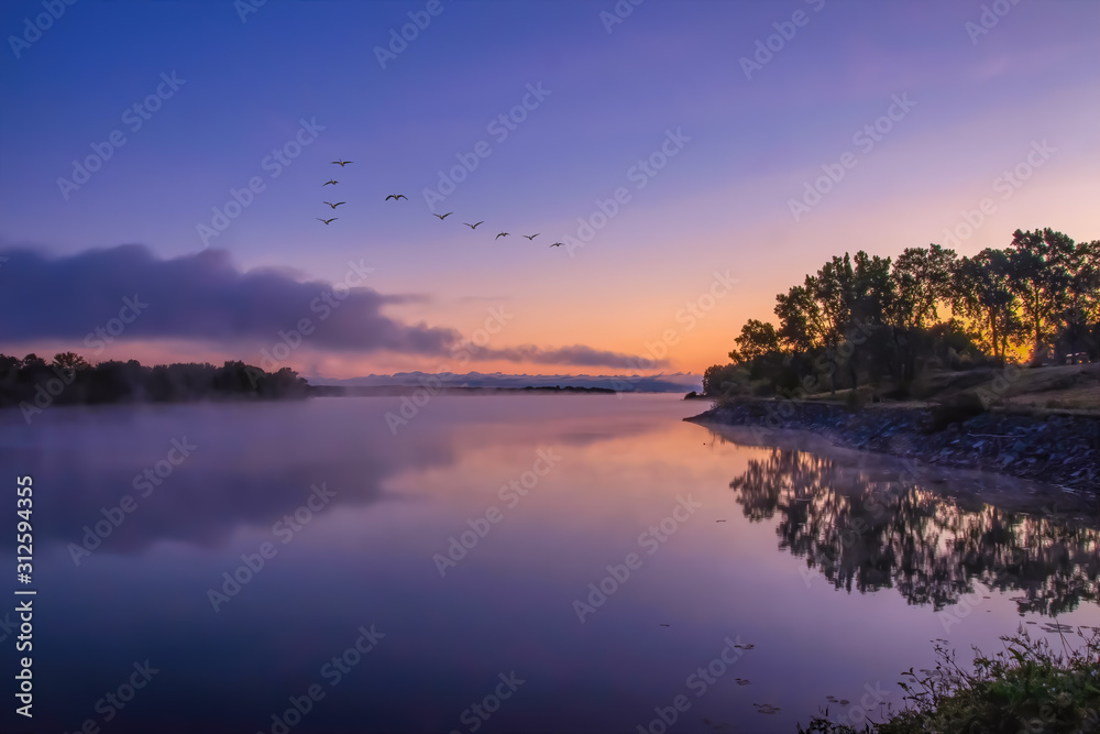 Canada Geese flying over calm water at sunrise nobody