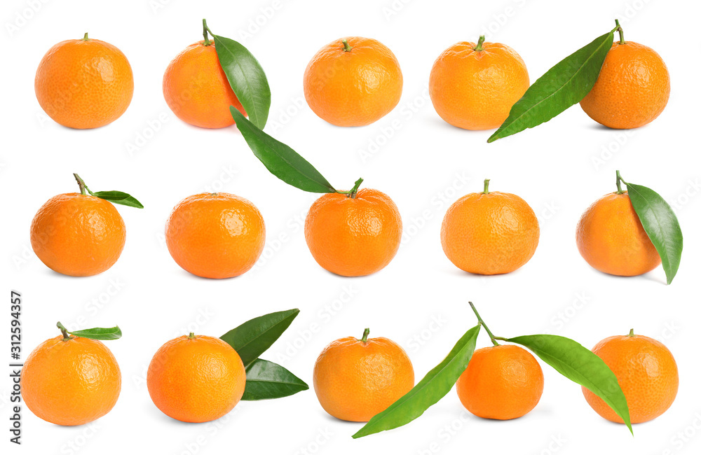 Set of fresh juicy tangerines on white background Set of fresh juicy tangerines on white background
