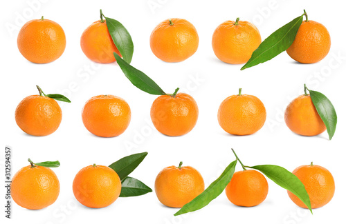 Set of fresh juicy tangerines on white background