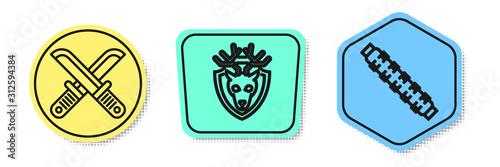 Set line Crossed hunter knife, Deer head with antlers on shield and Hunting cartridge belt with cartridges. Colored shapes. Vector