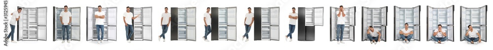 Collage of man near open empty refrigerators on white background