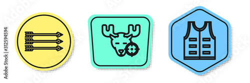 Set line Hipster arrows, Hunt on moose with crosshairs and Hunting jacket. Colored shapes. Vector