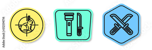 Set line Hunt on rabbit with crosshairs, Flashlight and knife and Crossed hunter knife. Colored shapes. Vector